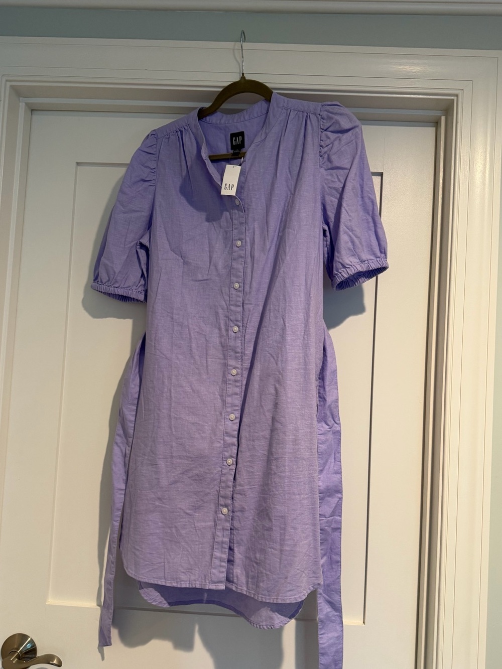 NWT GAP Lavender Button-Front Puff Sleeve Shirt Dress cotton linen blend